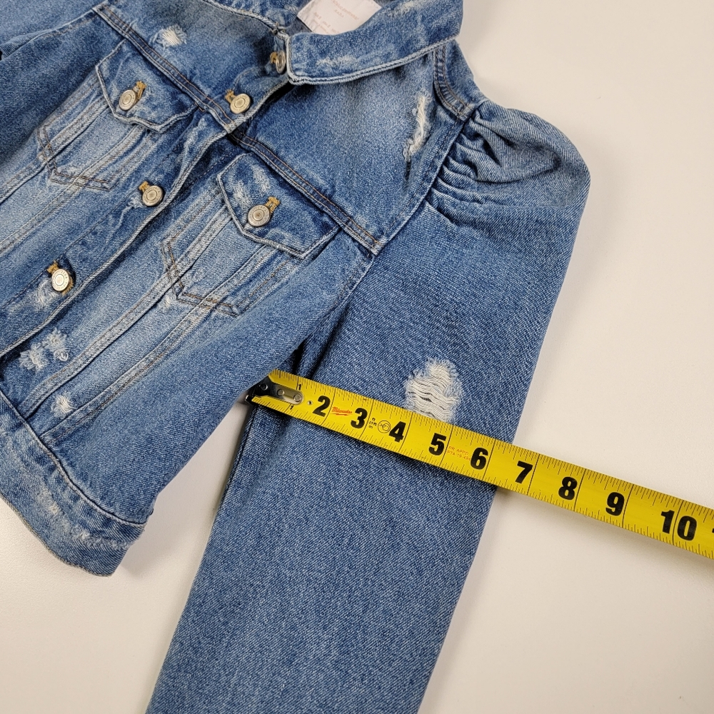 Zara Light Blue Distressed Puff-Shoulder Cropped Jean Jacket - Picture 6 of 12